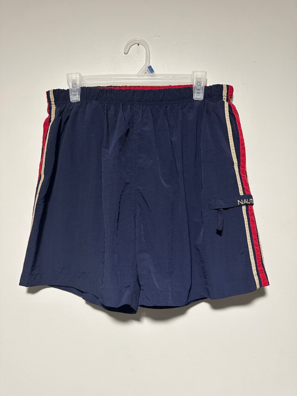 Vintage Nautica Navy Swim Trunks with Red & White Side Stripes